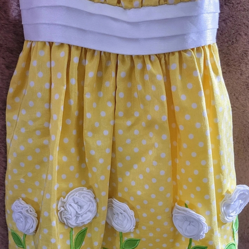 Girls Size 2T Princess Polka Dot Dress Yellow White Flowers Bow Lined Lightweigh - Picture 4 of 12